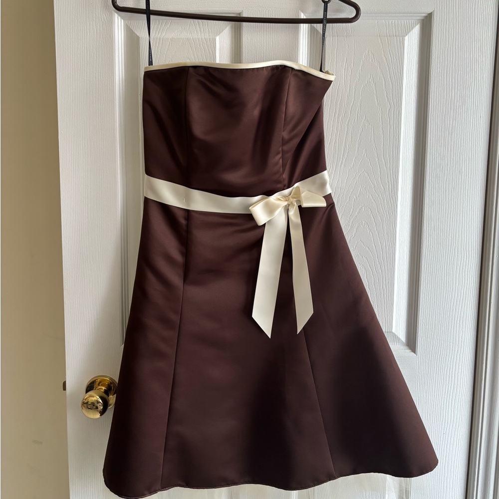 Brown Strapless Dress with Cream Bow